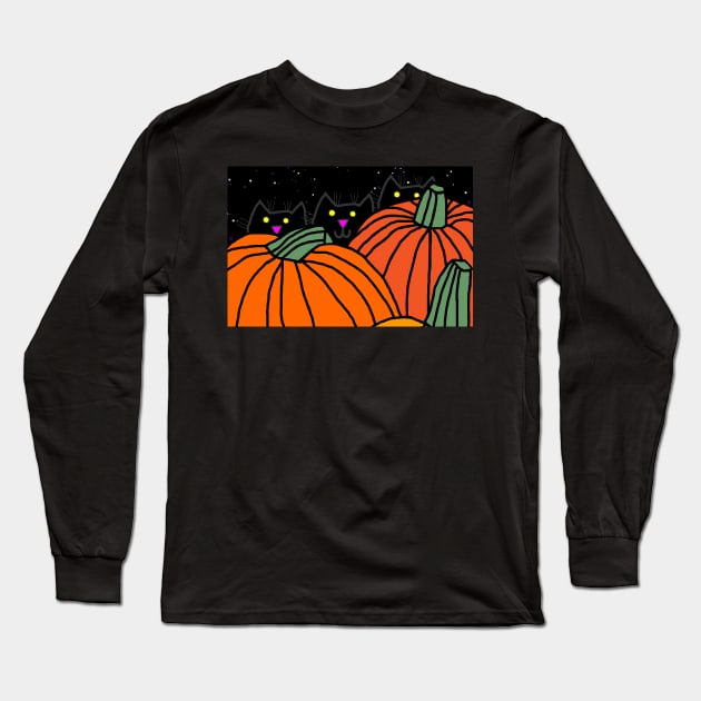 Big Halloween Pumpkins with Three Kitten Cats Long Sleeve T-Shirt by ellenhenryart